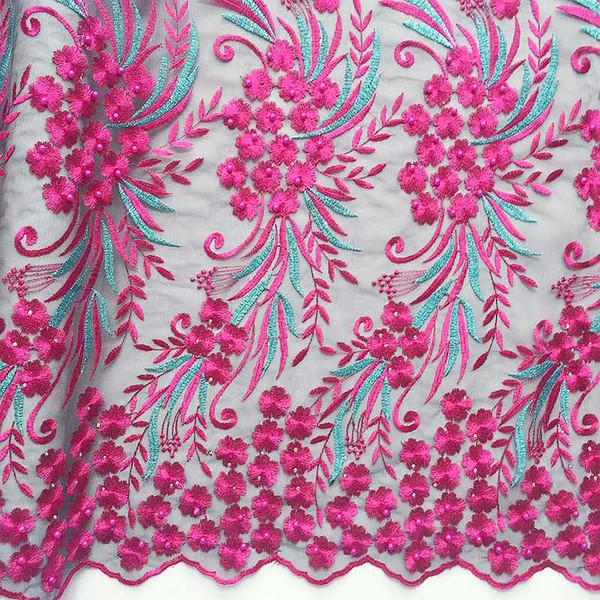 Beaded Nigerian Lace Designs Fushia Pink Latest High Quality African Tulle Lace Fabric Purple Wedding Guipure Lace Fabric