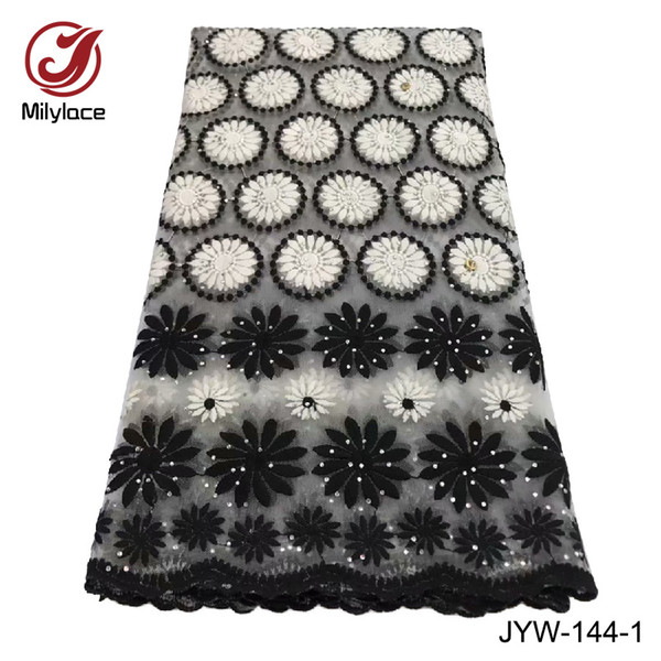 2 colors in 1 french lace fabric with stones african tulle lace fabric 5 yards black and white net lace fabric JYW-144