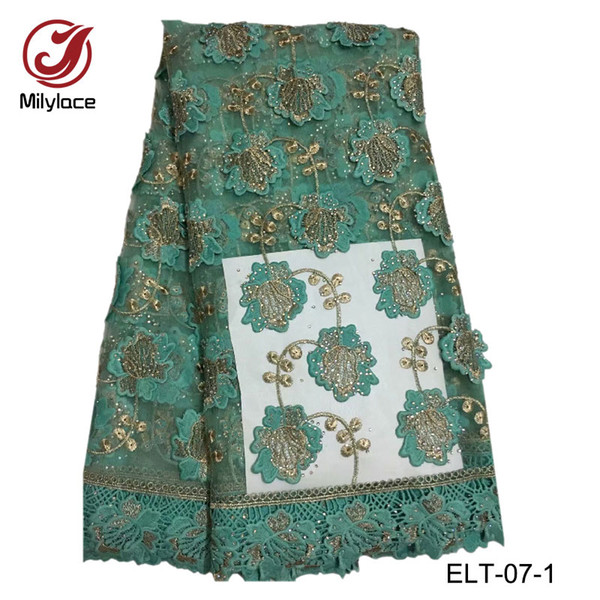 High quality african lace fabric embroidery rhinestones lace fabric design beautiful french lace fabric for dress ELT-07