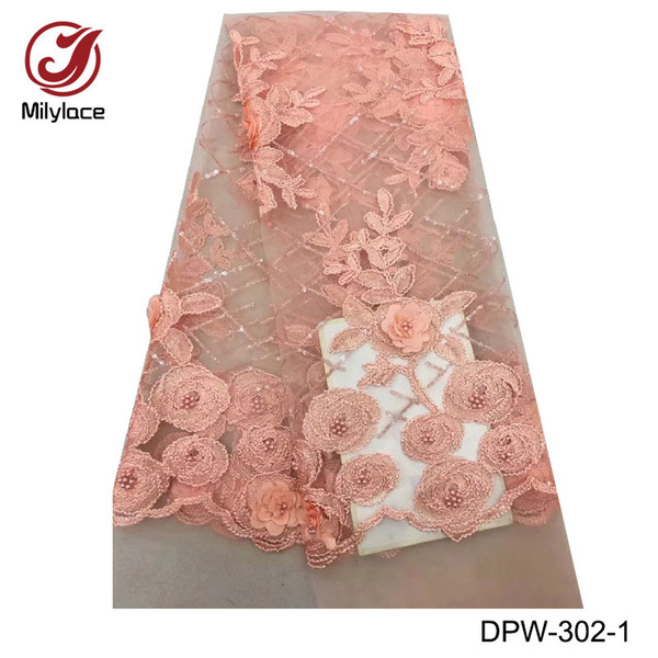 Peach lace fabric with beads embroidery french lace fabric 5 yards per lot net lace fabric for dress DPW-302