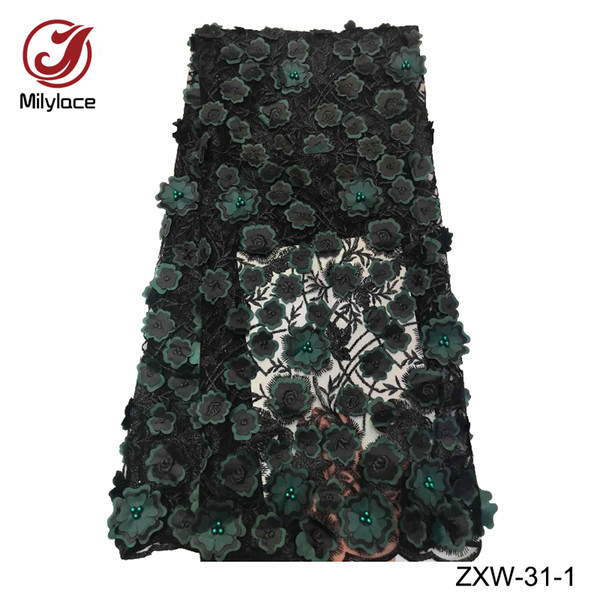 Popular design 3d flowers french lace fabric with beads 5 yards per lot wine tulle lace fabric with appliques ZXW-31