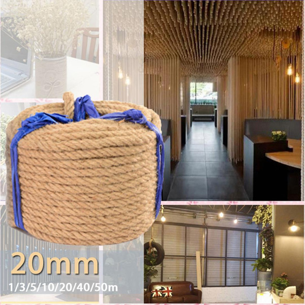 KIWARM 20mm 1-50M Jute Rope Twine Rope Natural Cord DIY Decor Cat Pet Scratching Decking