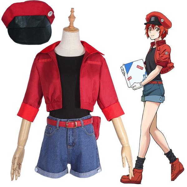 Cells at Work Erythrocite Red Blood Cell Cosplay Costume With Bag Hat Full Set