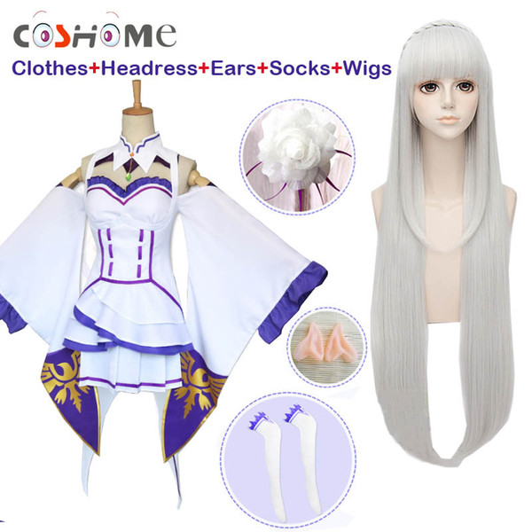 Re Zero Kara Hajimeru Isekai Seikatsu Emilia Wigs Cosplay Costumes Women Dress With Headdress For Halloween Party