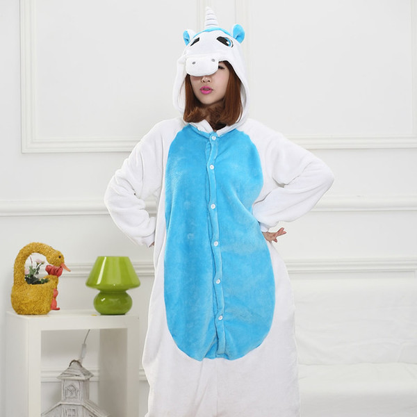 Cartoon Blue Unicorn Onesies Pajama Sets Flannel Pajamas cosplay For Women Cute Animals Long-Sleeved Adult Pajamas