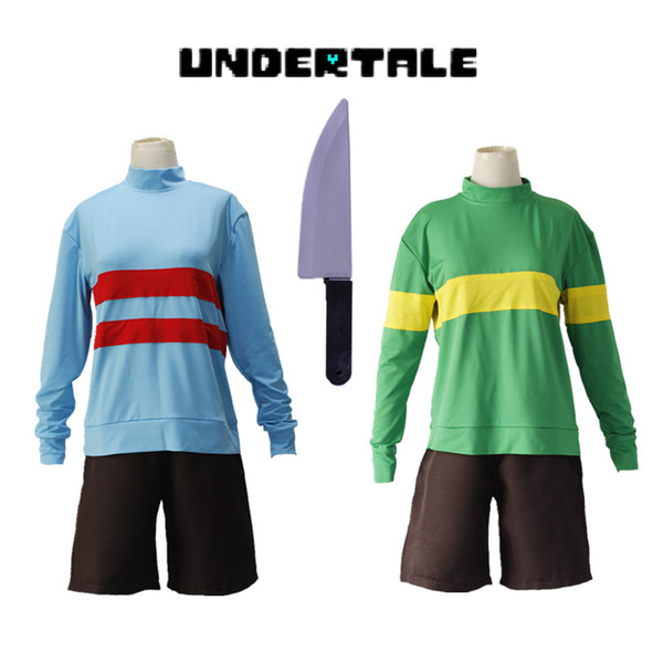 Halloween costumes Game Undertale Chara Frisk cosplay costumes green blue Sportswear top pants knife included full set