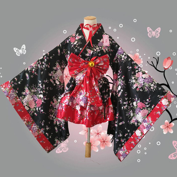 Shanghai Story Red Japanese Kimono Heavy Sakura Cosplay Anime Outfit Maid Costume Dress Kimono 6 pieces set Size S---3XL For Adult Kids