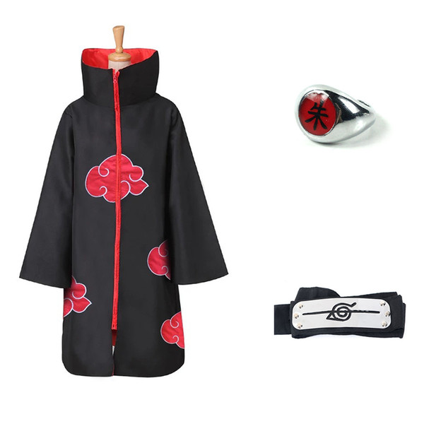 Anime NARUTO Uchiha Itachi Cosplay Costume Trench Akatsuki Cloak Robe Ninja Coat Set Ring Headband Halloween