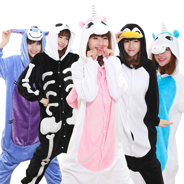 Anime Women Pajamas Unicorn Pikachu Stitch Costume Cosplay Winter Hooded Adult Sleepwear Onesies Flannel Cartoon Unisex Pyjamas