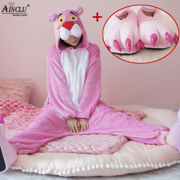 Cute Pink Panther Woman Onesie Hooded Cosplay Onesies With Shoes For Adult Kids One-Piece Animal Pajamas Long Sleeve Sleepwear