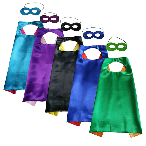 Hot Selling 70*70cm Satin Kids Capes Dual sides Plain Color Kids Cosplay Capes and felt masks Superhero custome capes with mask set