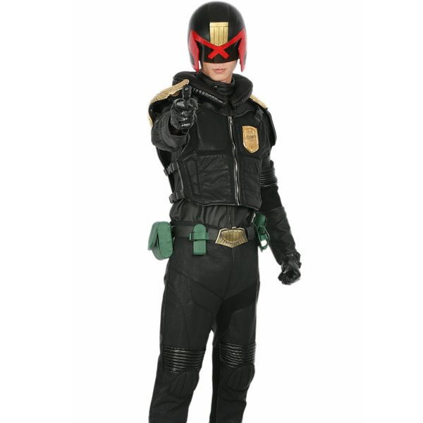 X-COSTUME Movie: Dredd Cosplay Judge Dredd Costume Black PU Leather Uniform Judge Halloween Cosplay Costume For Men