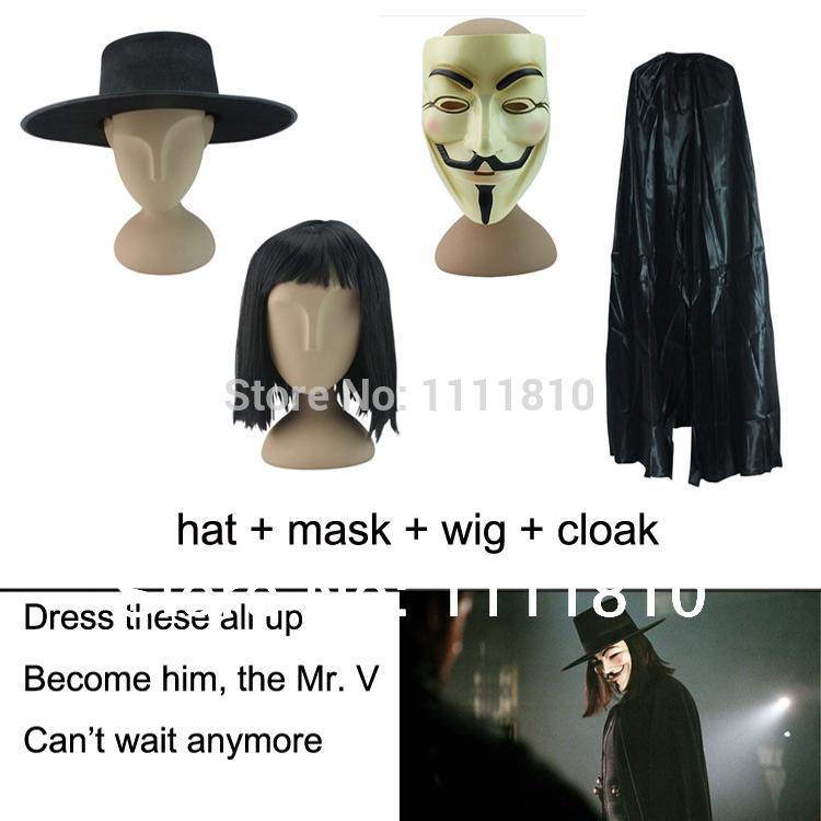 Wholesale-4 pcs/set V for Vendetta Guy Fawkes Anonymous fancy dress cosplay halloween costumes novelties ( hat + hair + V mask + Cloak)