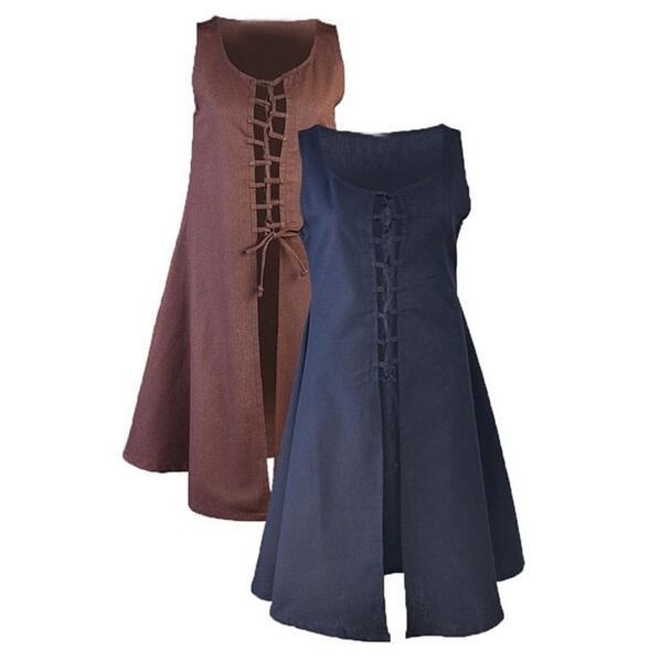 Medieval Viking Renaissance Cotton Canvas Dress Women Sleeveless Lace Up Vest Dress S-2XL cosplay