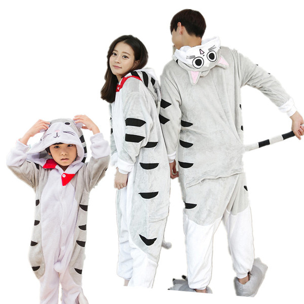 Adult Kids Soft Warm Cheese Cat Pajamas Anime Cosplay Costume Flannel Winter Pyjamas Halloween Carnival Sleepsuit Loose Masquerade Outfit