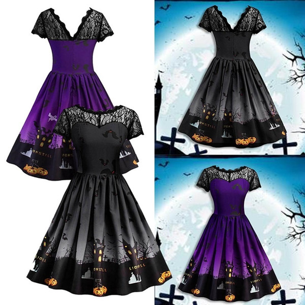 2018 Women's Fashion cosplay Sexy Vintage Lace Stitching Halloween Dress Elegant Short Sleeve Printed Pumpkin Party Dress Halloween Costume