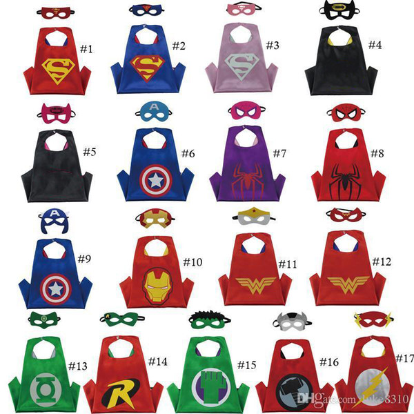 17 styles double-sided superhero cosplay cape and mask for kids children 27inch Super Hero Halloween costumes birthday party supplies