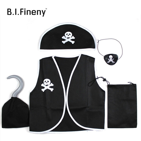 Q228 Children Kids Classic Pirate Costume Halloween cosplay costumes Skull Eye Vest Hat Blinder Hook Boys Girl Adult costume