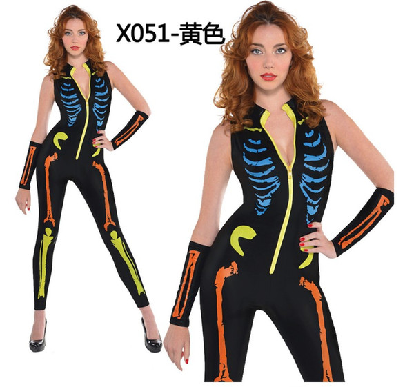 Colorful 3D Printed Pattern Skeletal Sleeveless Women Halloween Cosplay Sexy Jumpsuits