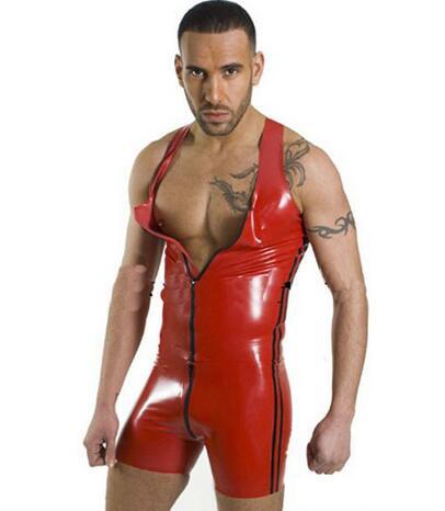 sexy gay men costume apparel suit men wet look lingerie red Faux Leather Shorts black stripe Dew shoulder tight Jumpsuits M-2XL