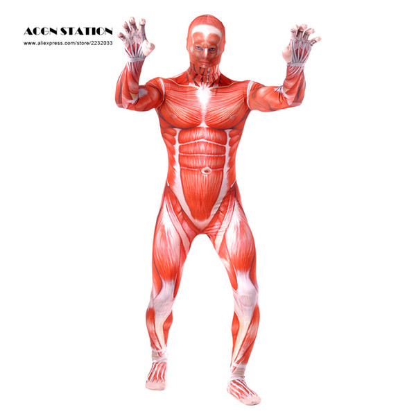 Wholesale-Ainclu 2016 Red Monster Lycra Spandex Zentai with White Muscular Vein Muscle Strong Look Halloween Christmas Jumpsuit Romper