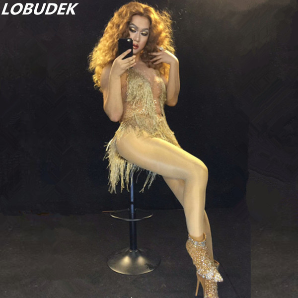 Gold Tassel Stones Sexy Female Zentai Costume Crystals Singer Dancer Nightclub Bar Show DJ performance Leotard party bodysuit