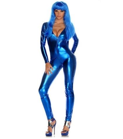 Blue Shiny Metallic Lycra Zentai Catsuit Halloween Cosplay Adults Bodysuit Custom Made tight jumpsuits