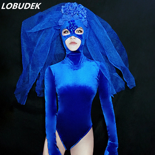 Nightclub Women Leotard Stage Wear Blue Crystal Mask Bodysuit Sexy Backless Costume Bar Party Show Dance Outfit Performance Wear