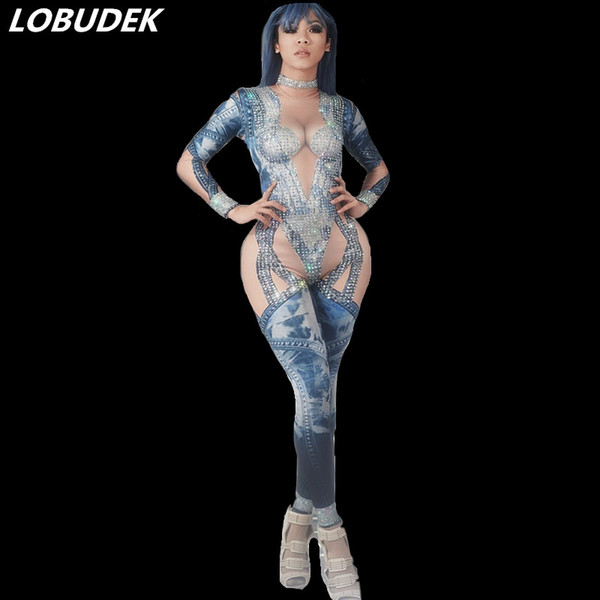 Big Stretch Denim Printing Tight-fitting Jumpsuit Rhinestones Long Sleeve Leotard Stage Wear Nightclub DJ Female Singer Costumes