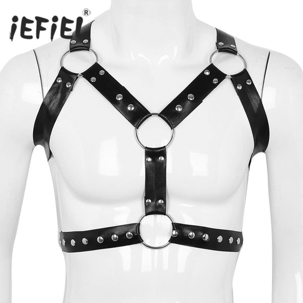 Mens Wetlook Clubwear Faux Leather Adjustable Body Chest Harness Punk Costume Straps with O Rings Well-muscled Look Male Harness