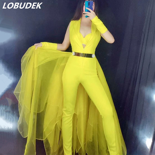 Fashion V-neck Sleeveless Trailing Jumpsuit Nightclub Performance Leotard Lady Singer Host Stage Costume Party Show Dance Outfit