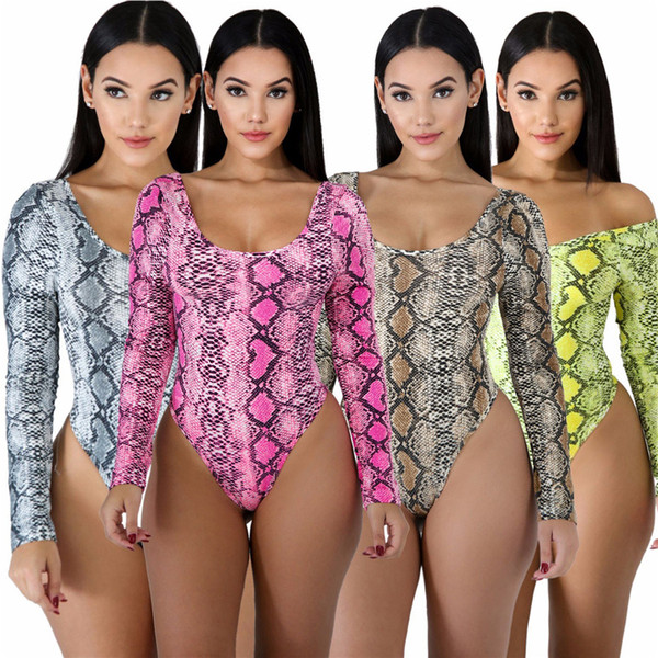 Fashion Python Printed Bodysuit Erotic Night Club Beach Vacation Outfits Long Sleeve Street Wear Fashion Boa Printed Catsuit Costume