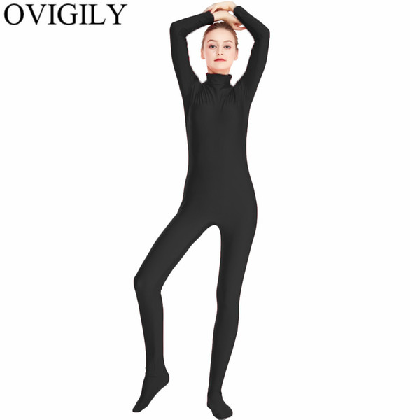 OVIGILY Women Black Spandex Zentai Full Body Skin Tight Lycra Turtleneck Long Sleeve Unitards Dancewear Zentai Bodysuit Costumes