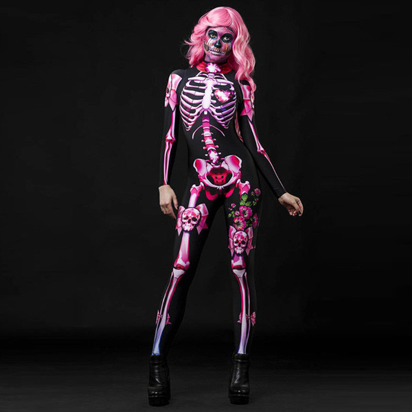 Pink Skull Cosplay Womens Catsuit Costumes Halloween Scary Full Props Long Sleeve Party Stagewear