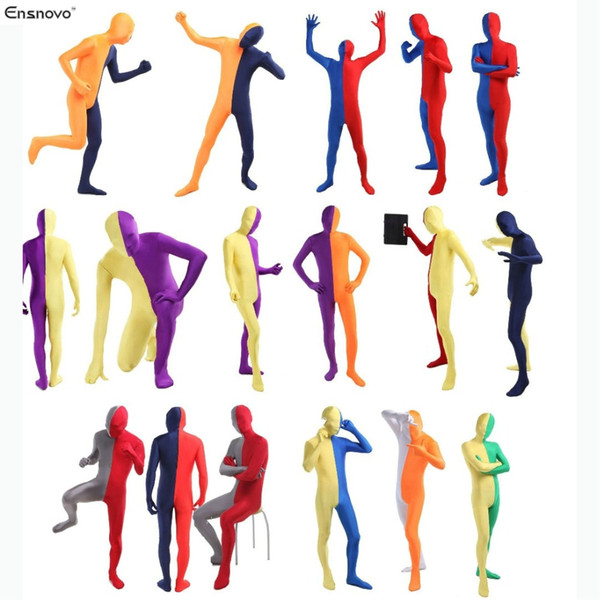 Wholesale-(5 pieces/lot) Ensnovo Men Spandex Lycra Nylon Full Body One Piece Bodysuit Double Color Zentai Suit Costumes Custom Skin Tights