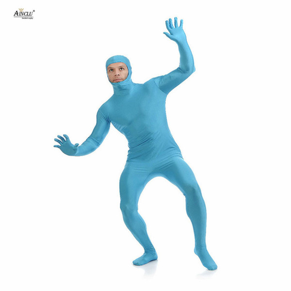 Ainclu Mens Spandex Nylon Lycra Zentai Blue Body Second Skin Tight All-inclusive Open Face Dancewear Costume Hallween Bodysuit