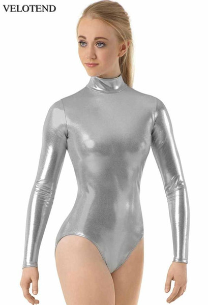 VELOTEND Girls Long Sleeve Metallic Leotard for Women Gymnastics Ballet Dance Leotards Shiny Zip Stage Performance Zip Leotard