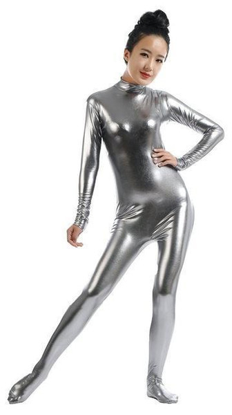 CrazyLZCMsoft Women's Gold Long Sleeve Zentai Suit Shiny Metallic Catsuits Zip Footed Full Zentai Bodysuits Adult Cosplay Unitard