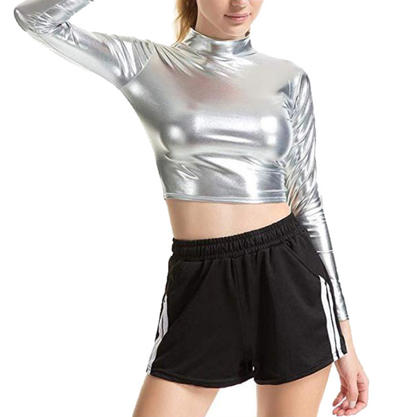 Women's Metallic Shiny Crop Tops Ladies Wet Look Mock Neck Turtleneck Long Sleeve Tee Shirt Clubwear Raves Dancing Costume