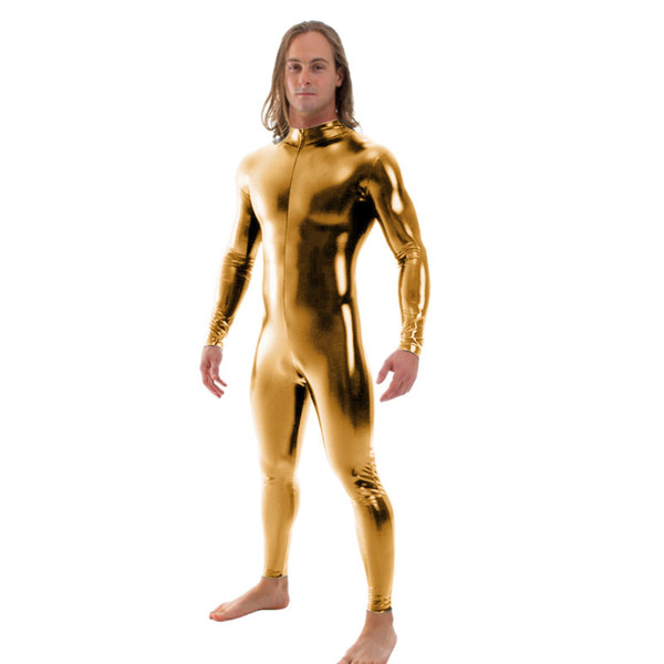 Ensnovo Men Latex Suit Black Shiny Metallic Tights Gold Zentai Suit Full Body Unitard Custom Skin Bodysuit Zipper Front