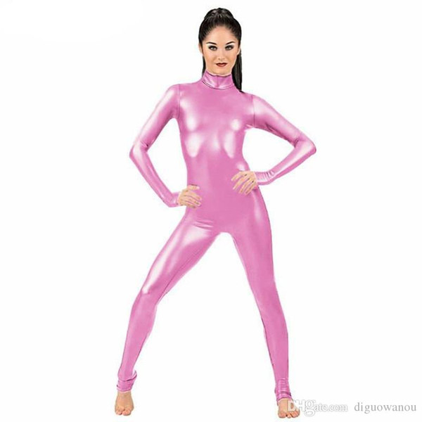 Jumpsuit Clubwear Stagewear Purim Party Pole Dancing Costumes Pink Sexy High Collar Women Zip Patent Leather Bodysuit