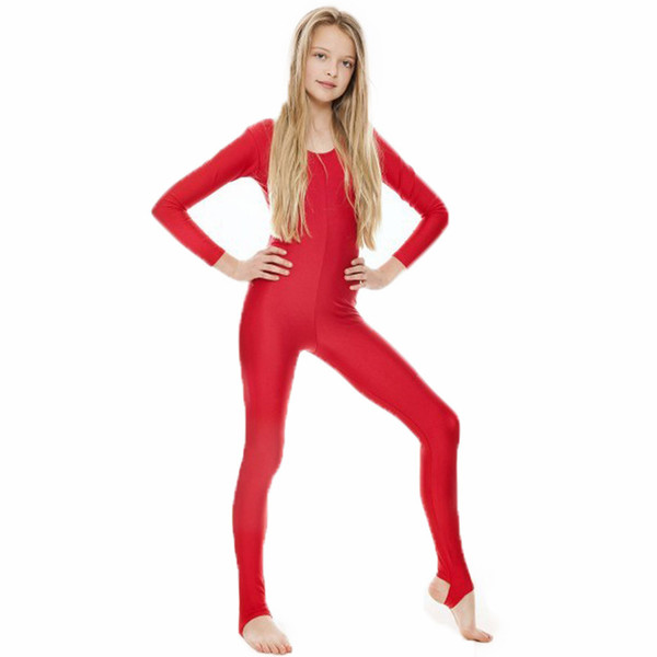 SPEERISE Girls Lycra Long Sleeve Red Dance Unitard Kids Stirrups Catsuits Spandex Gymnastics Leotards Dancewear 