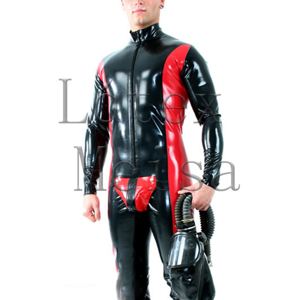 Male's latex fetish long sleeve latex bodysuit attached front zip to belly and ass main in black with red trim color