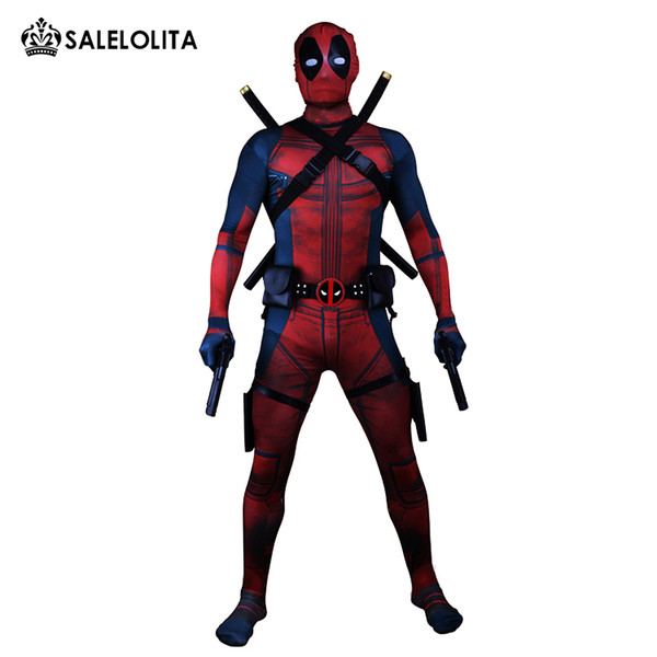 (Clothes+Equipment)Deadpool Costume Adult Man Cosplay Deadpool Costumes Wade Wilson Spandex Lycra Nylon Zentai Bodysuit Hallowee