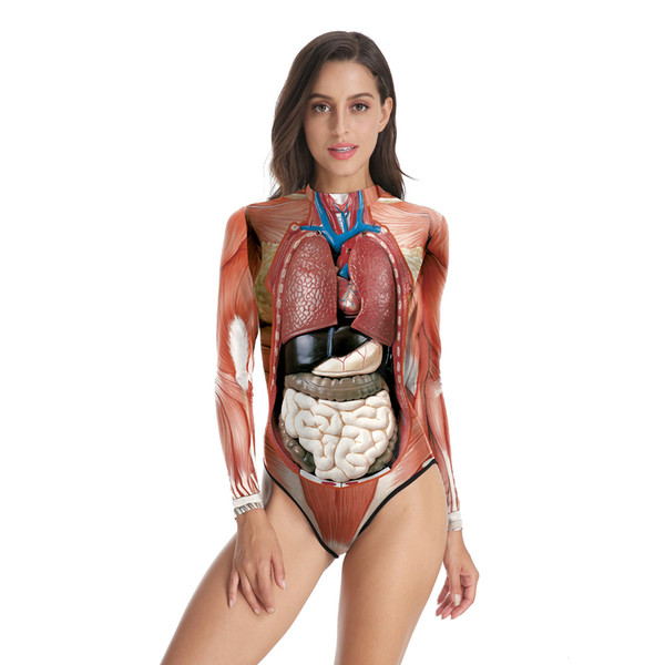 Human Tissue 3D Printed Teaching Clothes Visceral Garments Organ Long Sleeve Zippered Swimsuit Swimwear Women