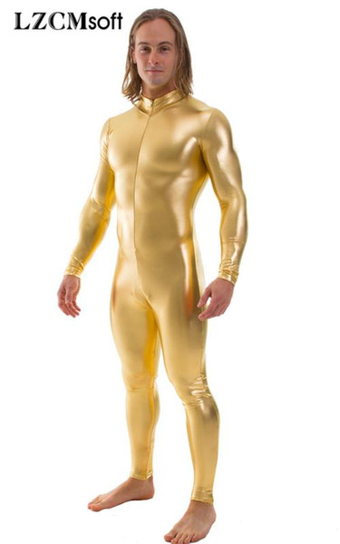 LZCMsoft Mens Shiny Metallic Cosplay Unitard Full Body Zentai Suit Basic Stage Performance Costumes Front Zip Bodysuits Tights