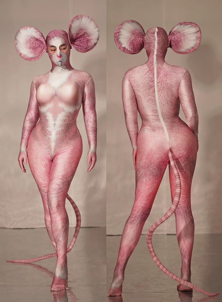 Unisex Rat Cosplay Costume Male Female Pink Mask Catsuit Costume Bar Club Party Role Performance Stretch Skinny Leotard Dance Stage Wear