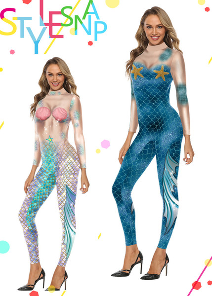 New Arrival Women Halloween Dreamy Mermaid Carnival Party Shiny Costume Cosplay Floral Jumpsuit Clubwear Bodycon Bodysuit