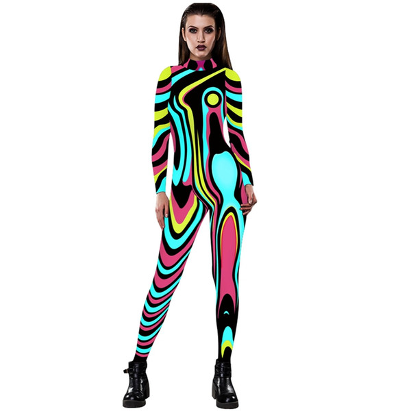 New Fashion Skeleton Jumpsuit Long Pants Rompers One Piece Zipper Sexy Women Bodysuits Long Sleeve The Hero Comic Print Fitness Playsuits