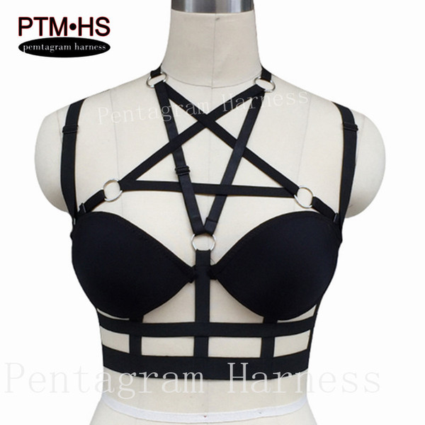 Pentagram Harness cage bralette Black Strappy Tops Bondage Body Harness Halter Erotic Club Party Wear Women Harajuku Punk Goth Harness Bra